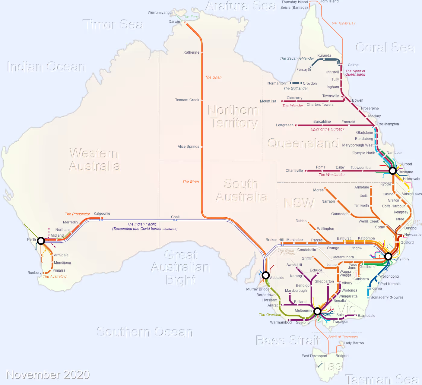 Map of Australia’s national rail network showing major interstate freight and passenger rail connections linking Perth, Adelaide, Melbourne, Sydney, Brisbane and Darwin.